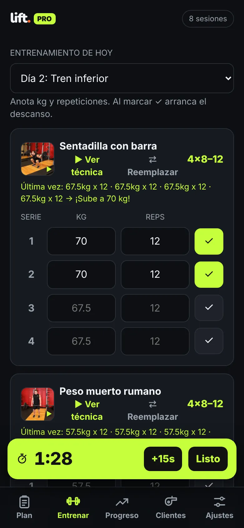 Pantalla de LIFT con series anotadas y el cronómetro de descanso corriendo