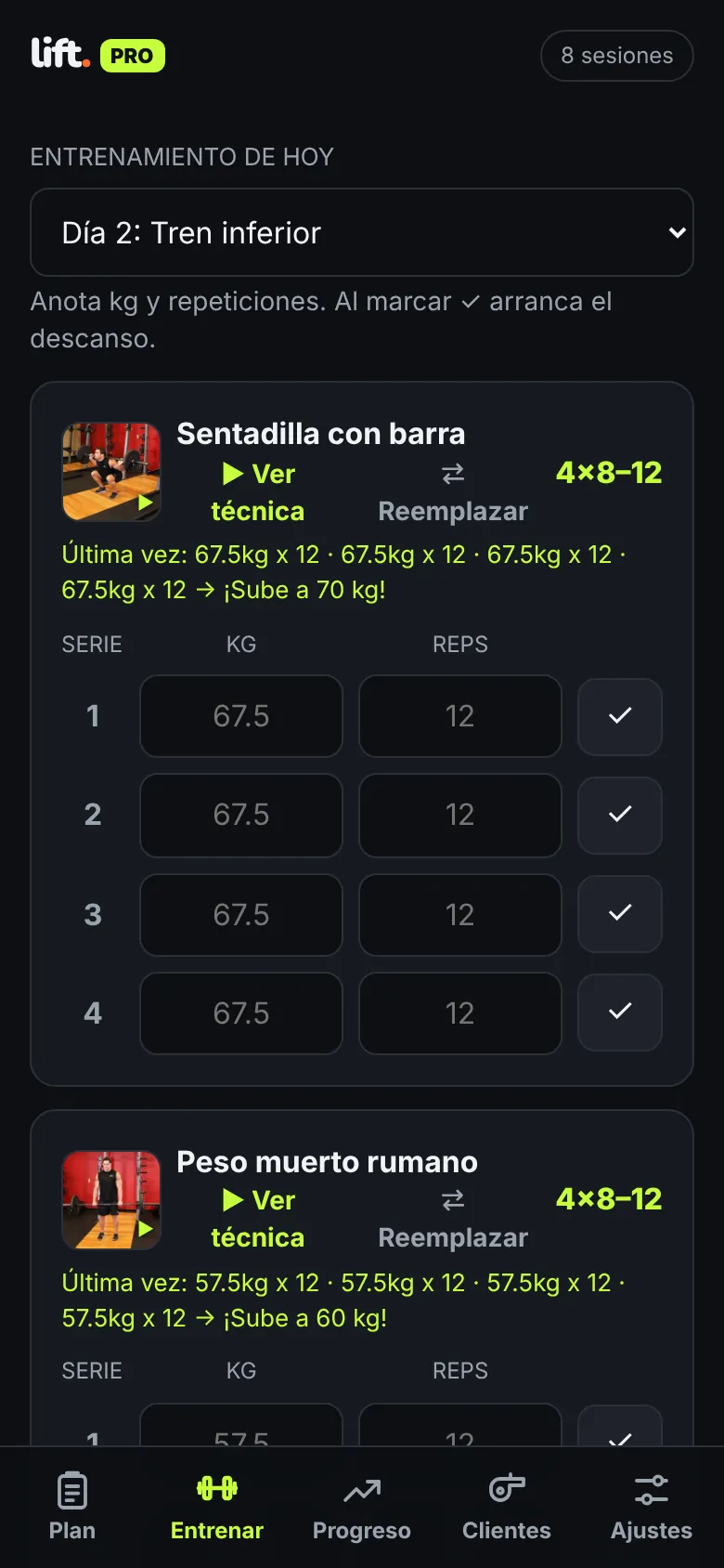 Pantalla de LIFT con la sentadilla con barra, su demostración y la sugerencia de peso
